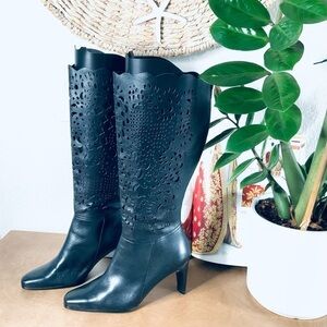 Bellini Celine Black Leather Women Laser Cut Knee High 3.5"Heel Boots